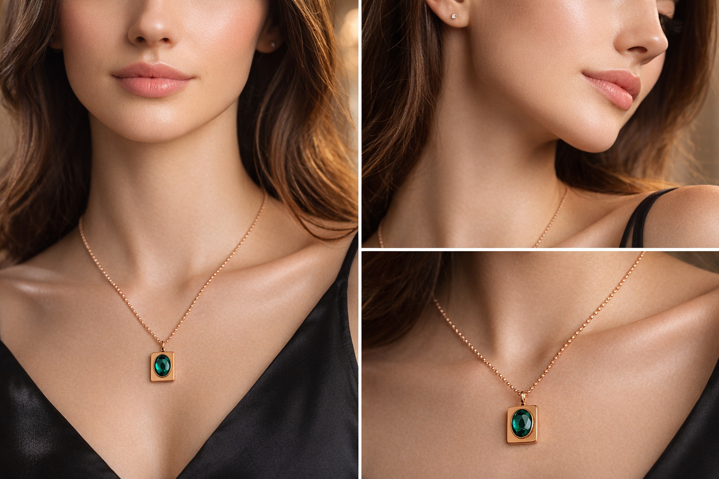 Oval Emerald Diamond Pendant Rose Gold Necklace For Women