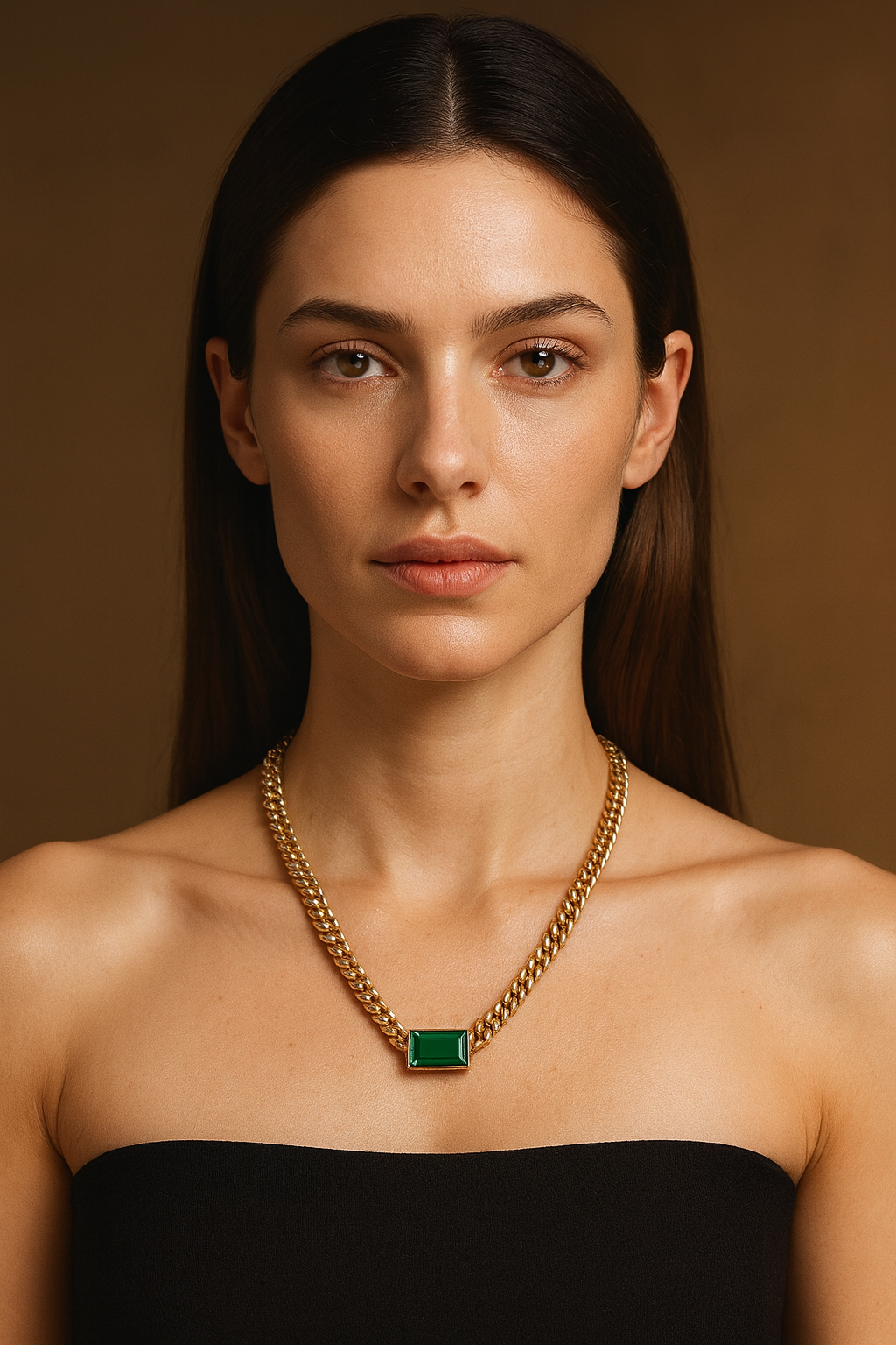 Rectangle Emerald Cuban Link Chain Necklace