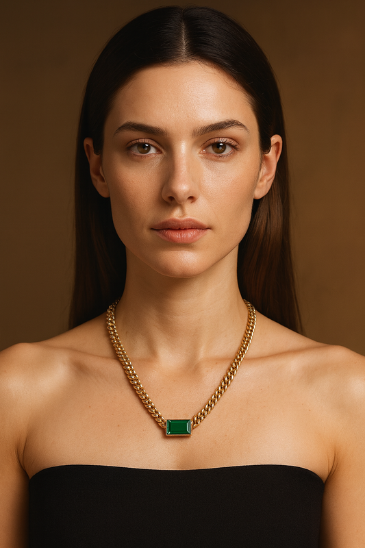 Rectangle Emerald Cuban Link Chain Necklace