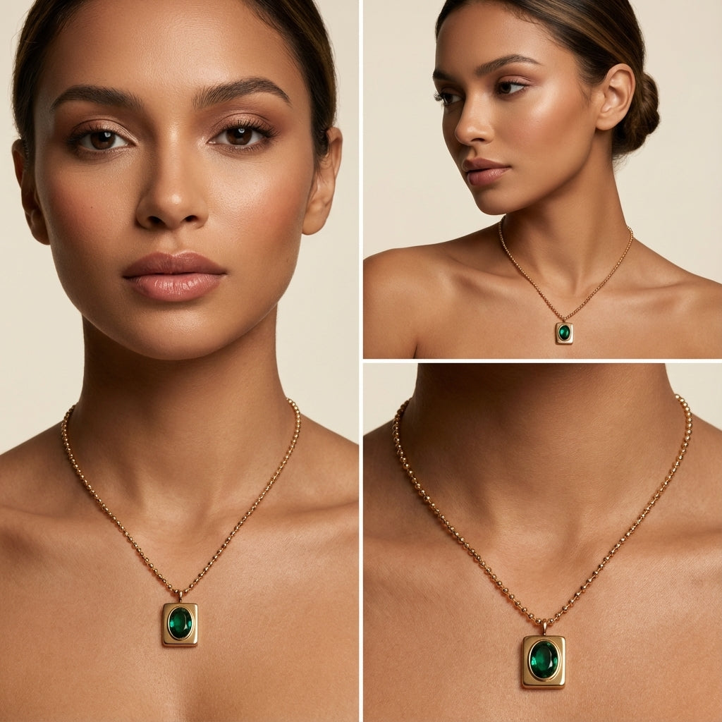 Oval Emerald Diamond Pendant Rose Gold Necklace For Women